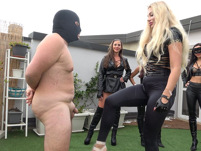 Hartes Ballbusting in Leder mit 5 Herrinnen