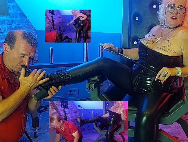 Schön brav die Stiefel lecken, sonst gibt es die Gerte - Sklave!!!