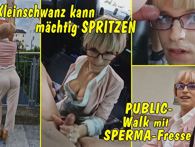 Kleinschwanz spritzt ganz schön viel! Public Walk mit Sperma-Fresse!